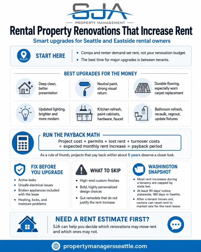 Infographic showing the best rental property renovations to increase rent, including cleaning, paint, flooring, lighting, kitchen and bathroom updates, payback calculations, and Washington rent rules.