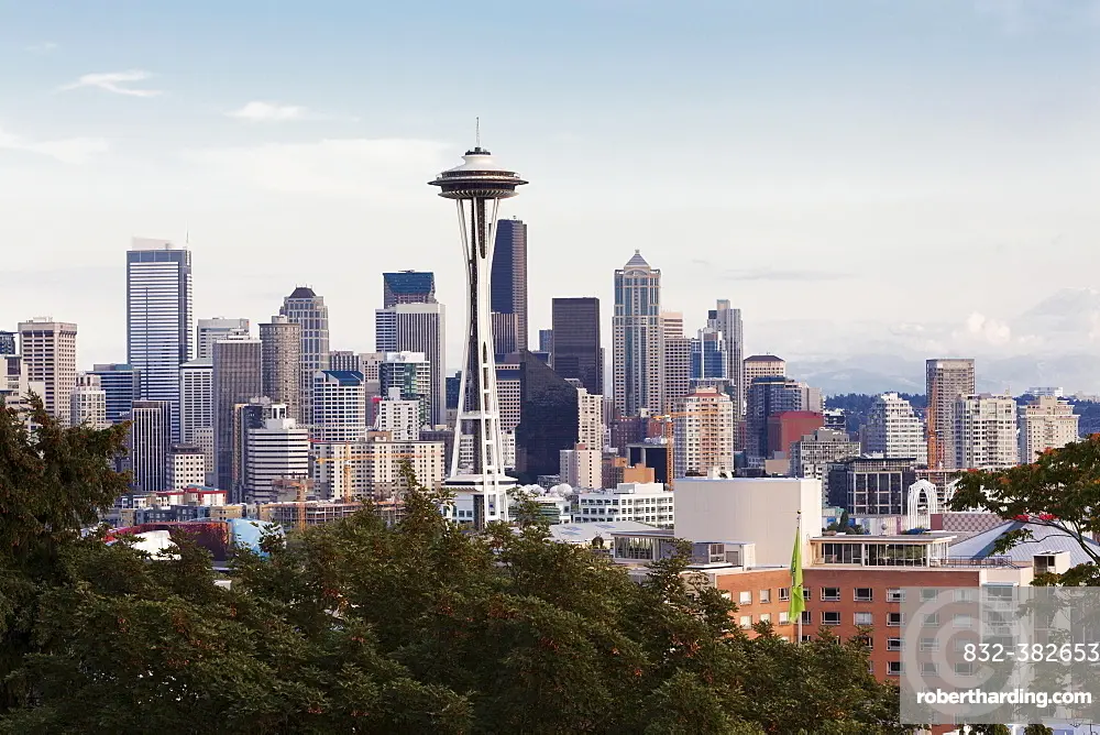 Skyline of Downtown Seattle with the Space Needle and Mt Rainier, Seattle, Washington, United States