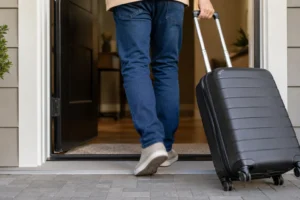 Person pulling a suitcase through a front door, representing when a guest may become a tenant in Washington State.