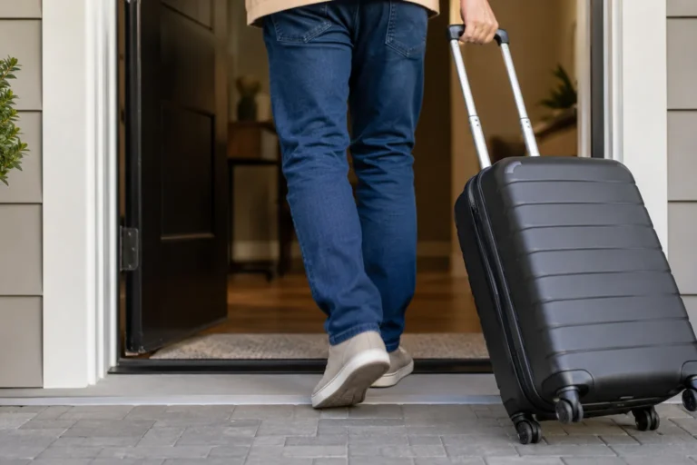 Person pulling a suitcase through a front door, representing when a guest may become a tenant in Washington State.