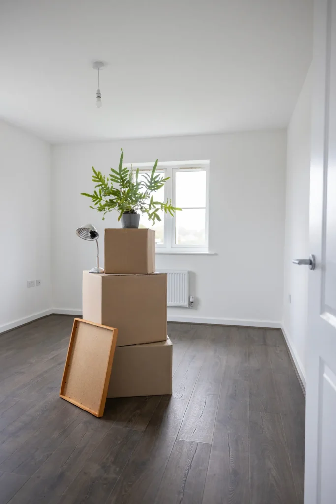 Moving boxes in an empty room during a rental turnover
