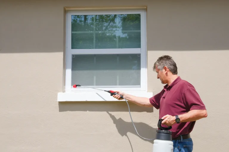 Pest control technician treating the exterior of a Washington rental property near a window