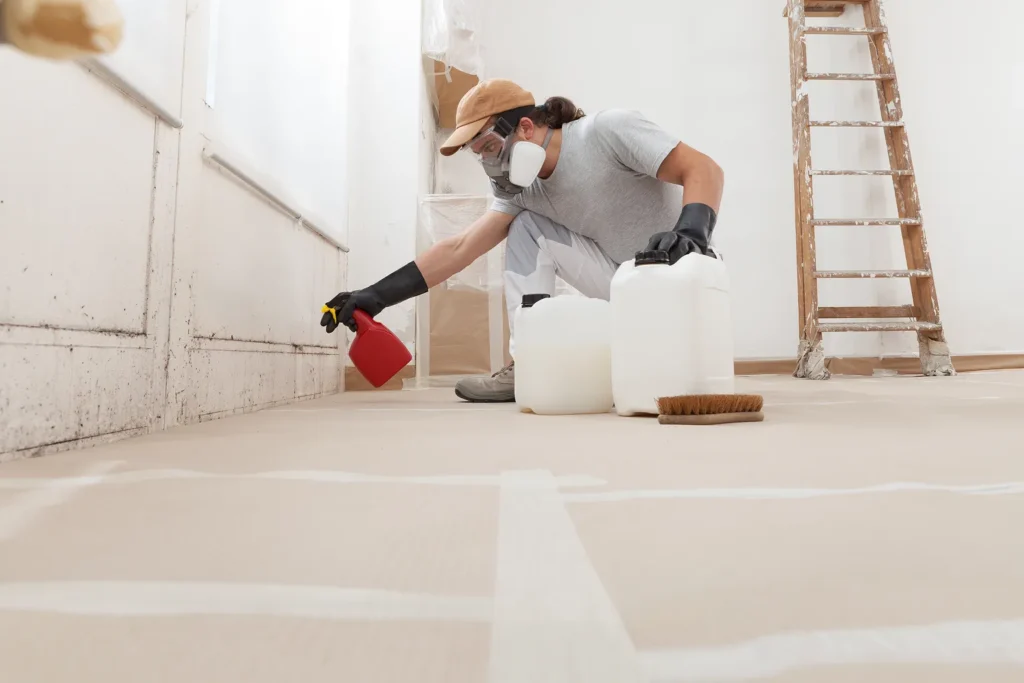 Mold remediation professional treating visible mold on a rental property wall in Washington