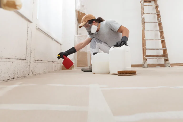Mold remediation professional treating visible mold on a rental property wall in Washington