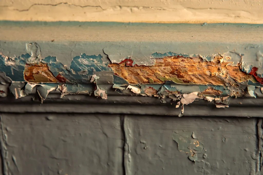 Close-up of peeling, chipped layers of old paint on wood trim, exposing bare wood underneath