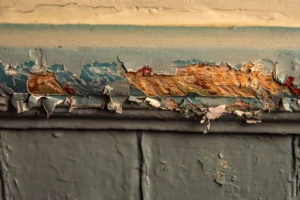 Close-up of peeling, chipped layers of old paint on wood trim, exposing bare wood underneath