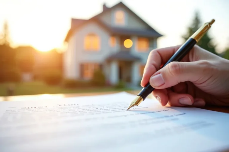 Hand signing a document with a fountain pen, with a house in the background.