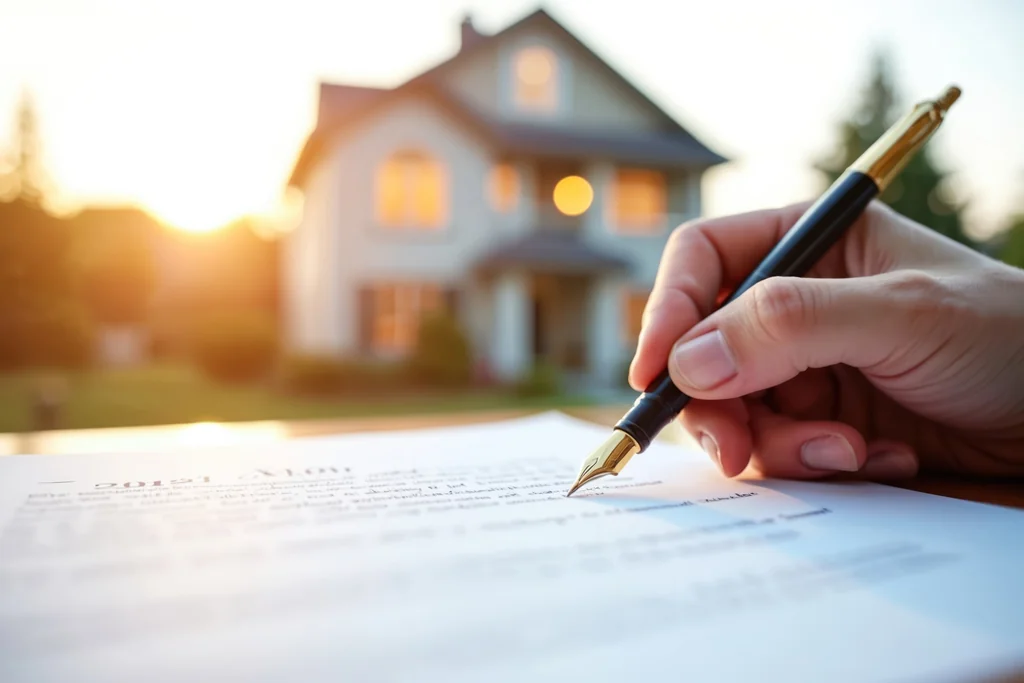 Hand signing a document with a fountain pen, with a house in the background.