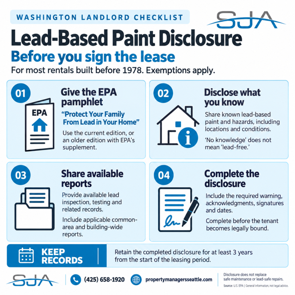 Lead-based paint disclosure checklist for Washington landlords: provide the EPA pamphlet, disclose known hazards, share reports, complete signatures, and retain records.