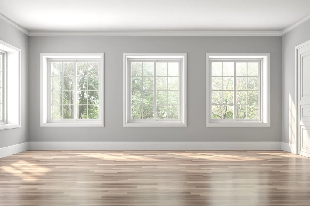 Bright, empty room with gray walls, large windows, and wood flooring.