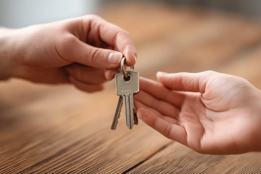 One person handing house keys to another across a wooden table